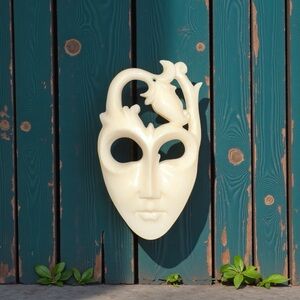 Elegant Cream BONE hand carved Mask with a floral Design pendant
